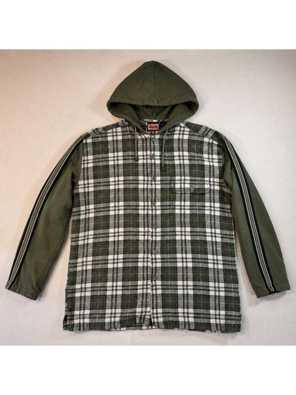 HK9 - Y2K Zonz L Green Plaid Hooded Flannel Shirt Jacket 100% Cotton